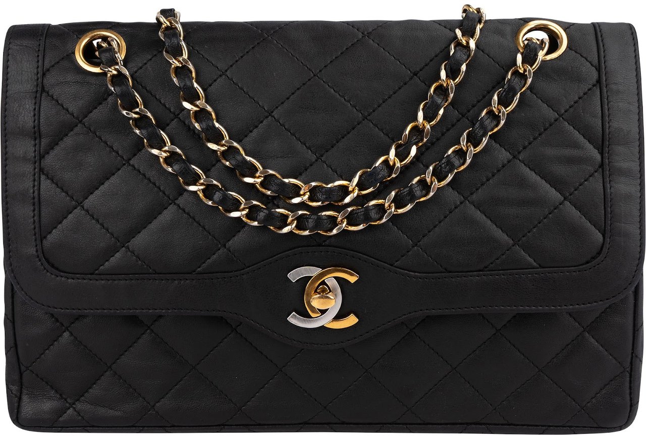 Chanel Quilted Lambskin Bicolor Double Flap Shoulder Bag Zwart