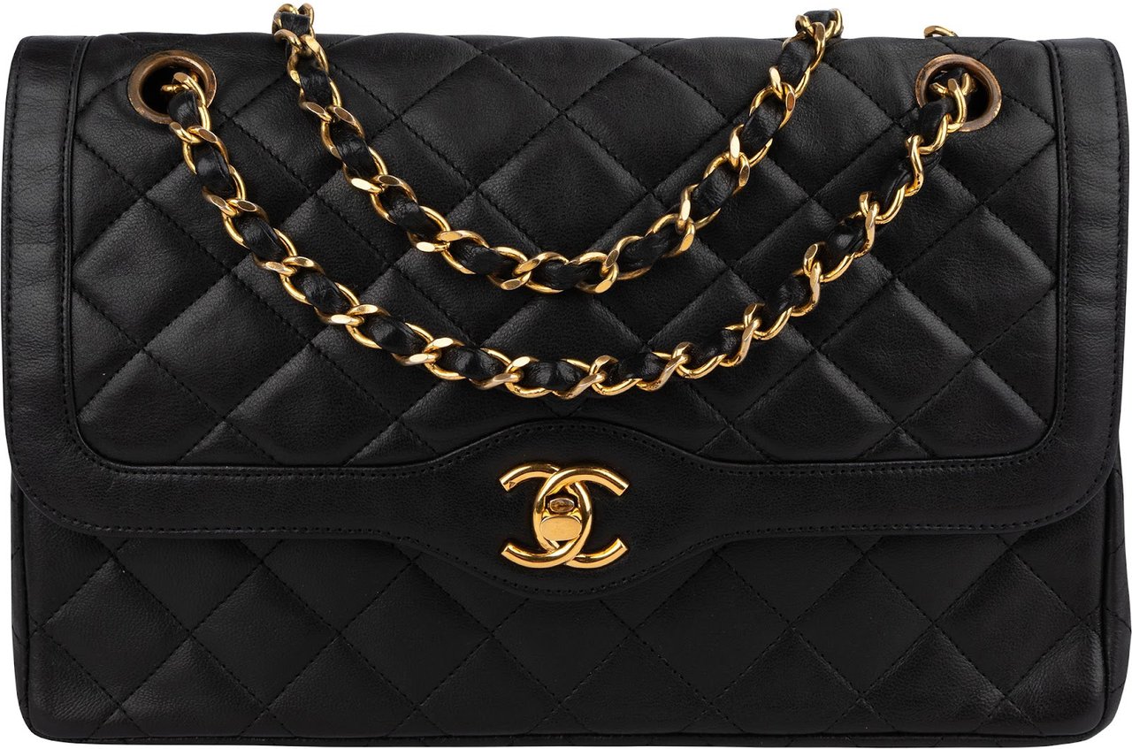 Chanel Quilted Lambskin 24K Gold Double Flap Shoulder Bag Zwart