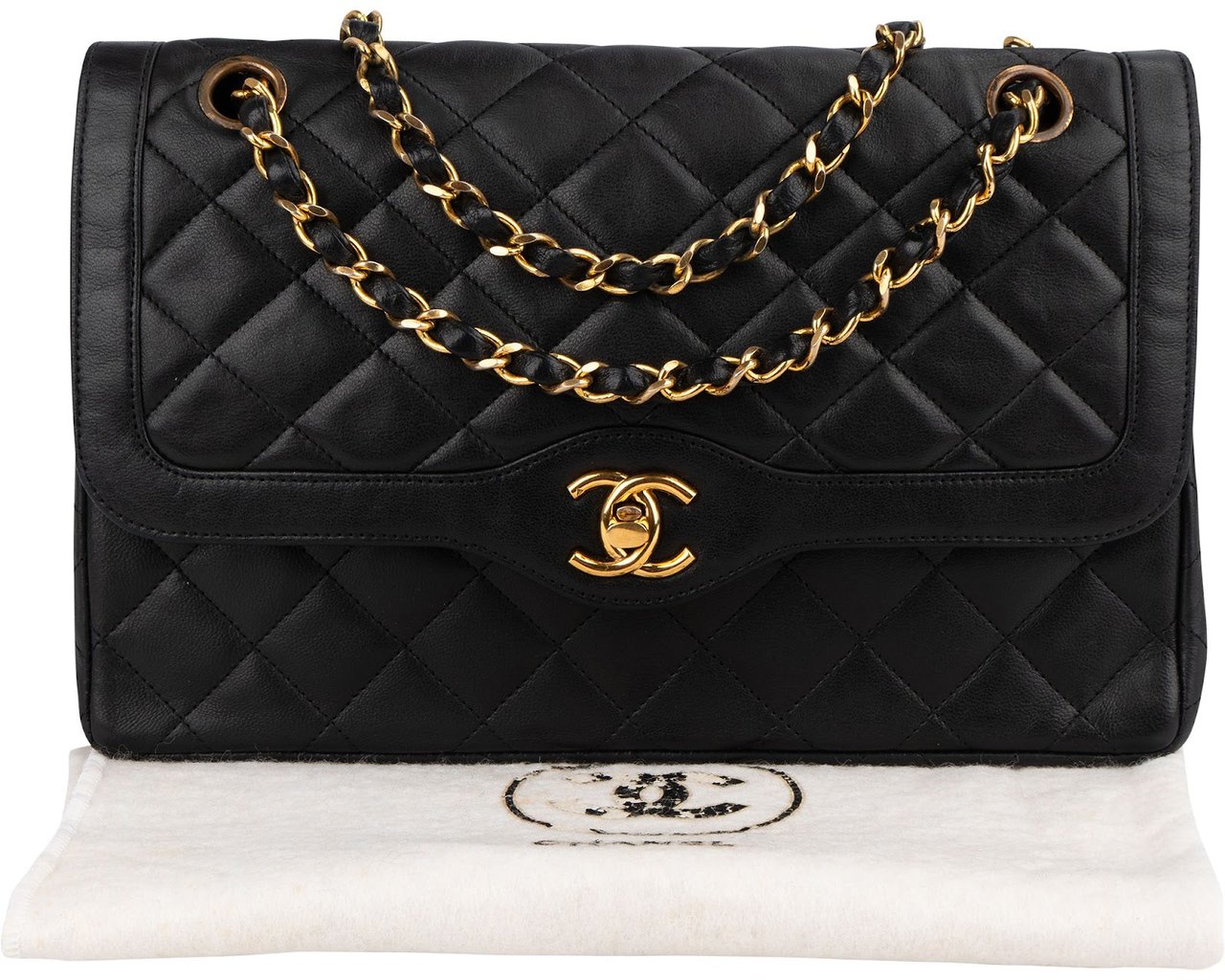 Chanel Quilted Lambskin 24K Gold Double Flap Shoulder Bag Zwart