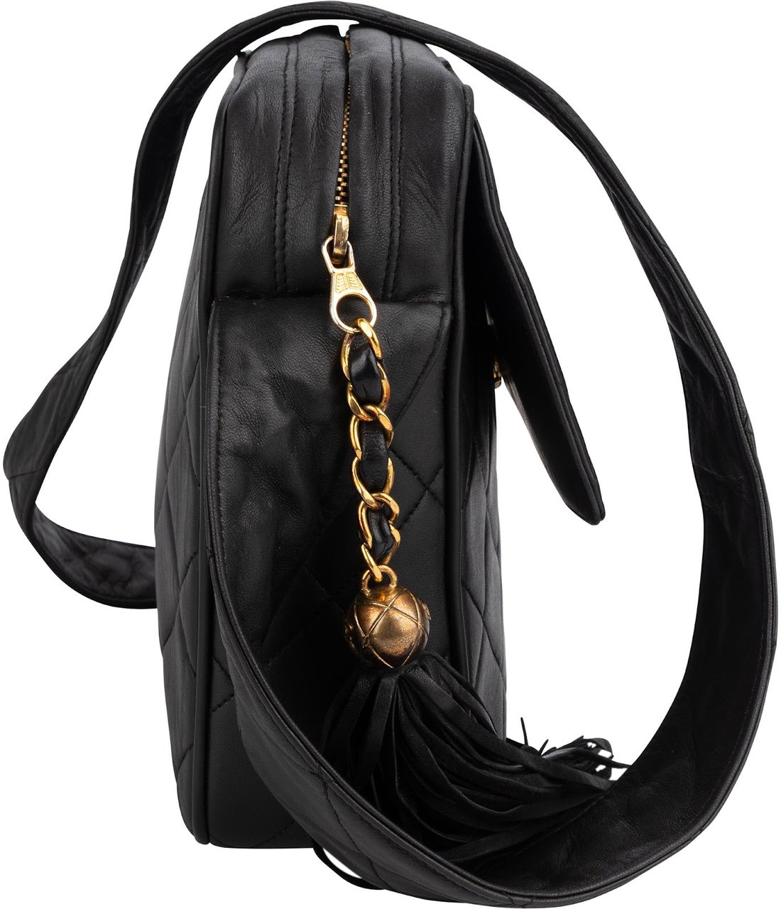Chanel Quilted Lambskin Tassel Camera Crossbody Bag Zwart