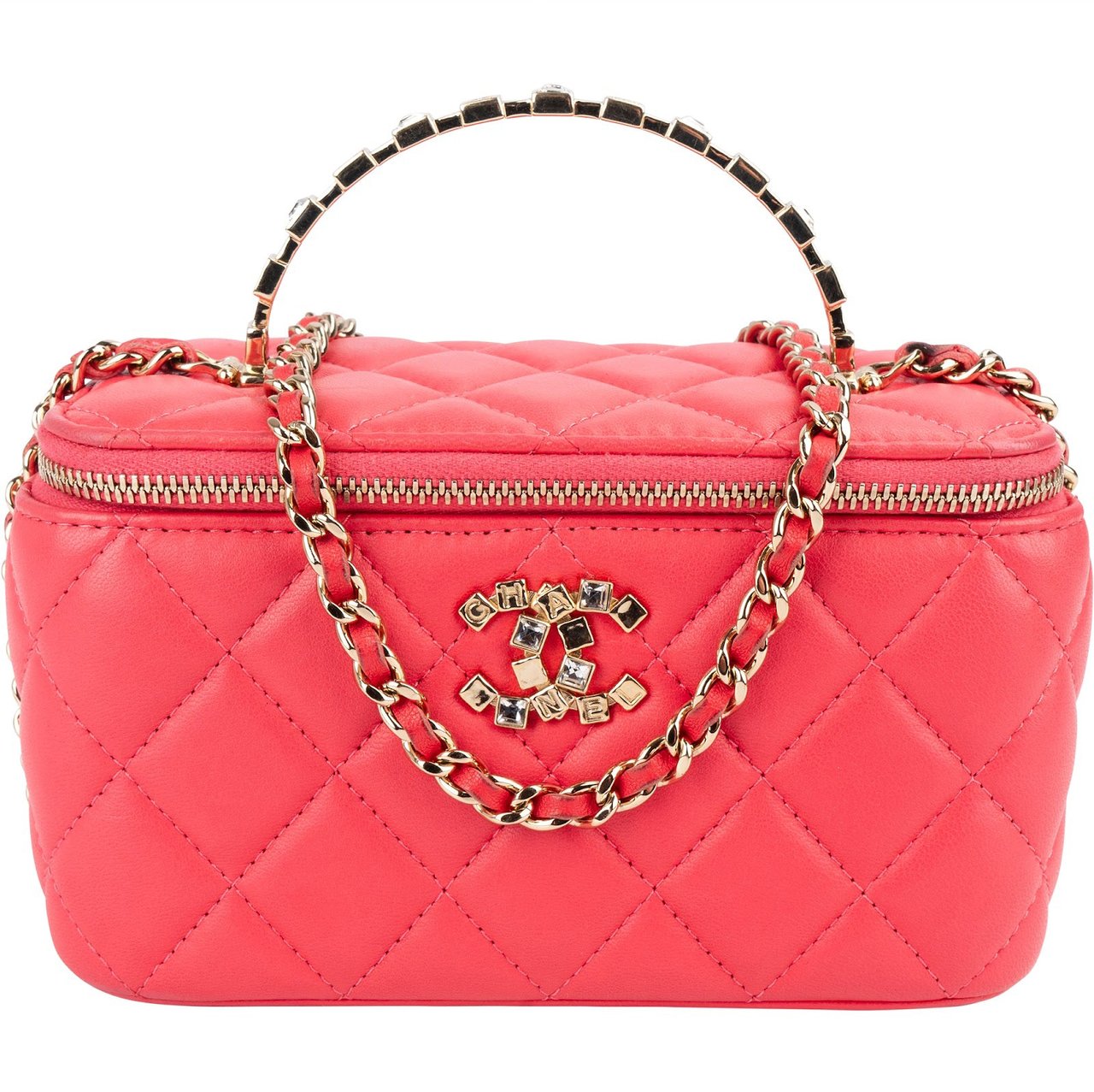 Chanel Chanel Quilted Lambskin Crystal Emblem CC Vanity Case Crossbody Bag Rood