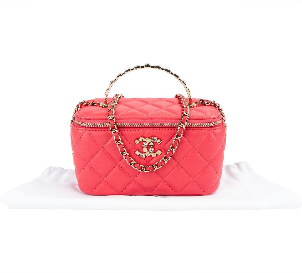 Chanel Chanel Quilted Lambskin Crystal Emblem CC Vanity Case Crossbody Bag Rood