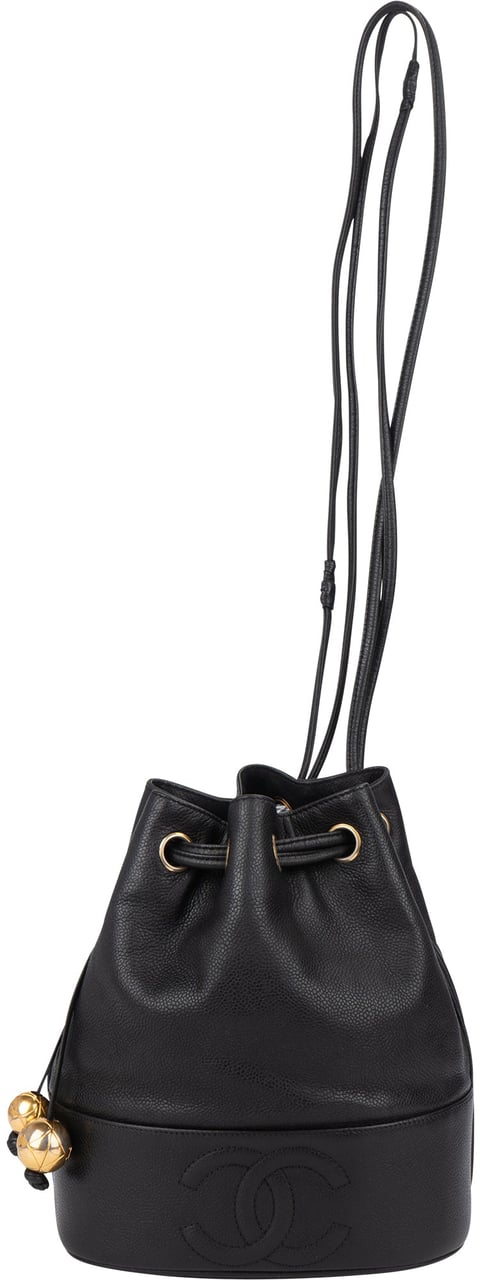 Chanel Caviar Leather CC Drawstring Bucket Crossbody Bag Zwart