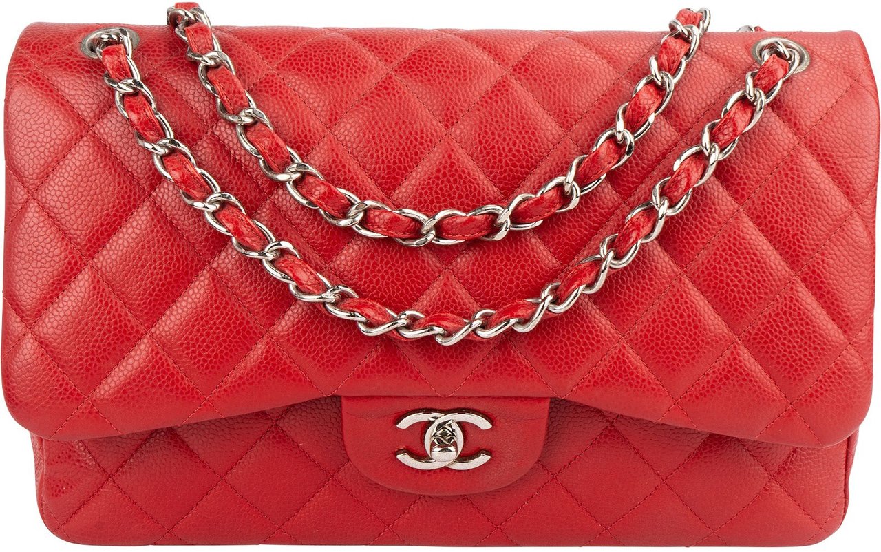 Chanel Chanel Quilted Caviar Leather Jumbo Double Flap Crossbody Bag Rood