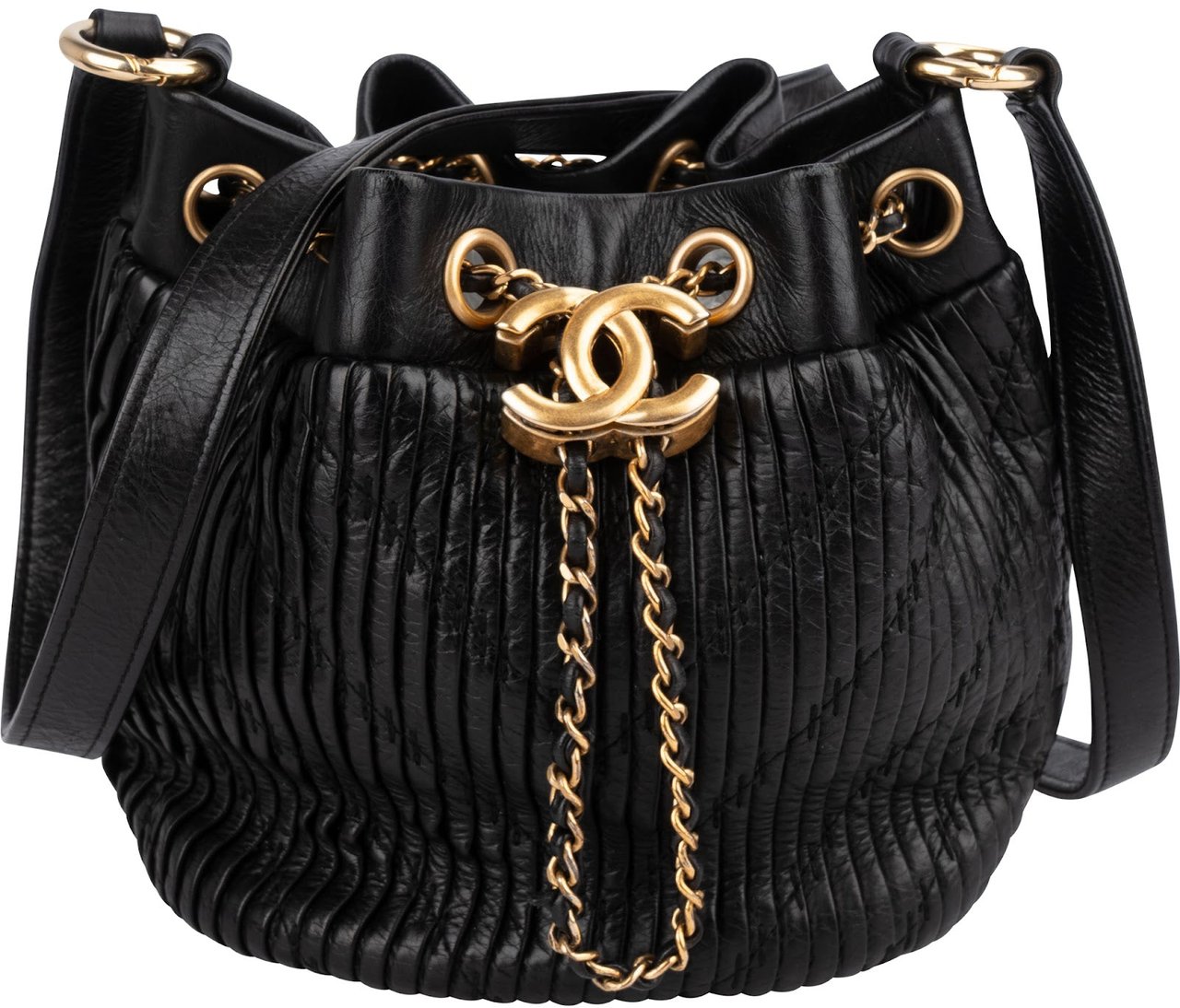 Chanel Pleated Calfskin Small Coco Pleats Drawstring Bucket Crossbody Bag Zwart