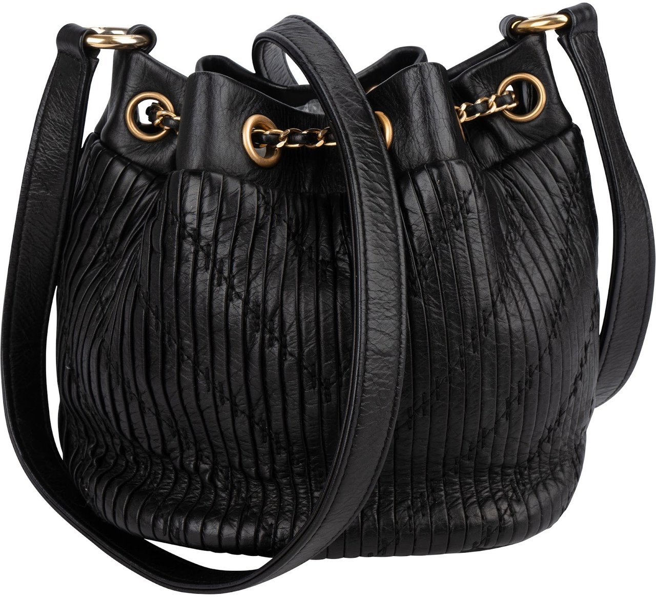 Chanel Pleated Calfskin Small Coco Pleats Drawstring Bucket Crossbody Bag Zwart