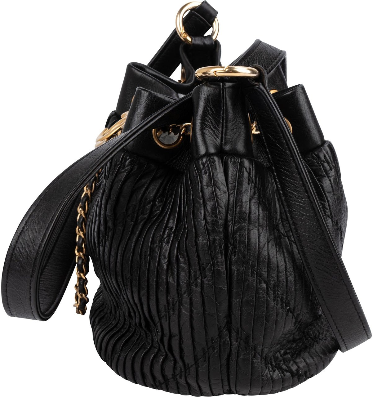 Chanel Pleated Calfskin Small Coco Pleats Drawstring Bucket Crossbody Bag Zwart