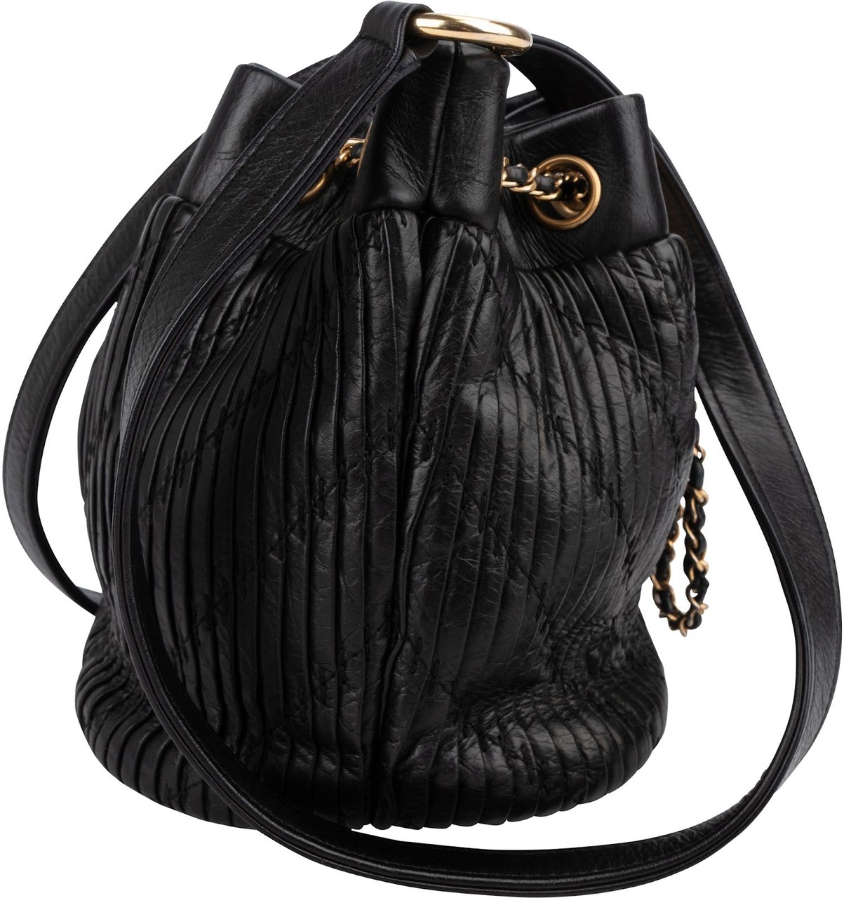 Chanel Pleated Calfskin Small Coco Pleats Drawstring Bucket Crossbody Bag Zwart