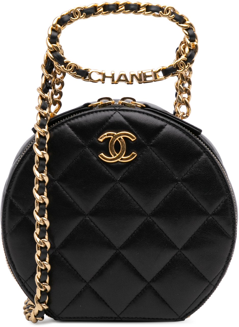 Chanel Quilted Lambskin Oval Logo Chain Top Handle Round Clutch on Chain Zwart