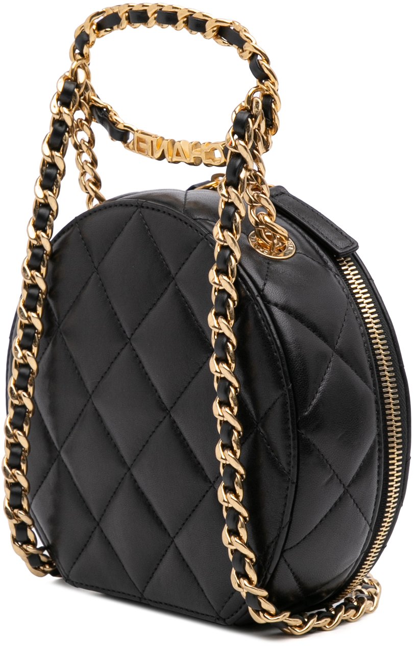 Chanel Quilted Lambskin Oval Logo Chain Top Handle Round Clutch on Chain Zwart