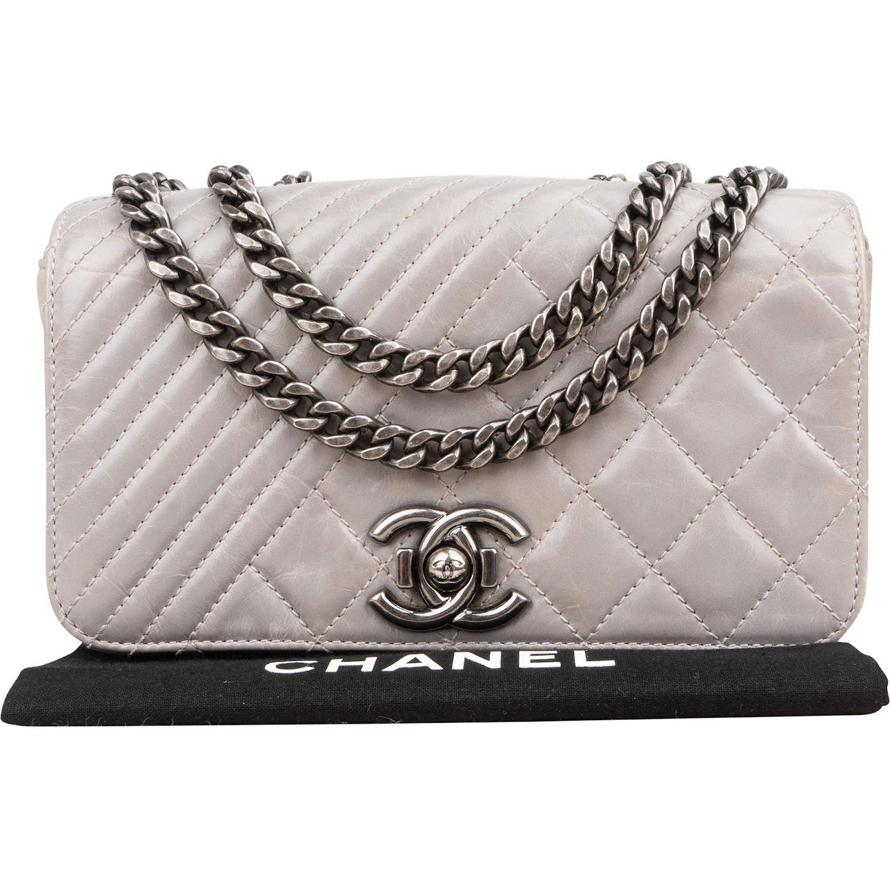 Chanel Chanel Aged Quilted Calfskin Coco Boy Single Flap Crossbody Bag Donkergrijs