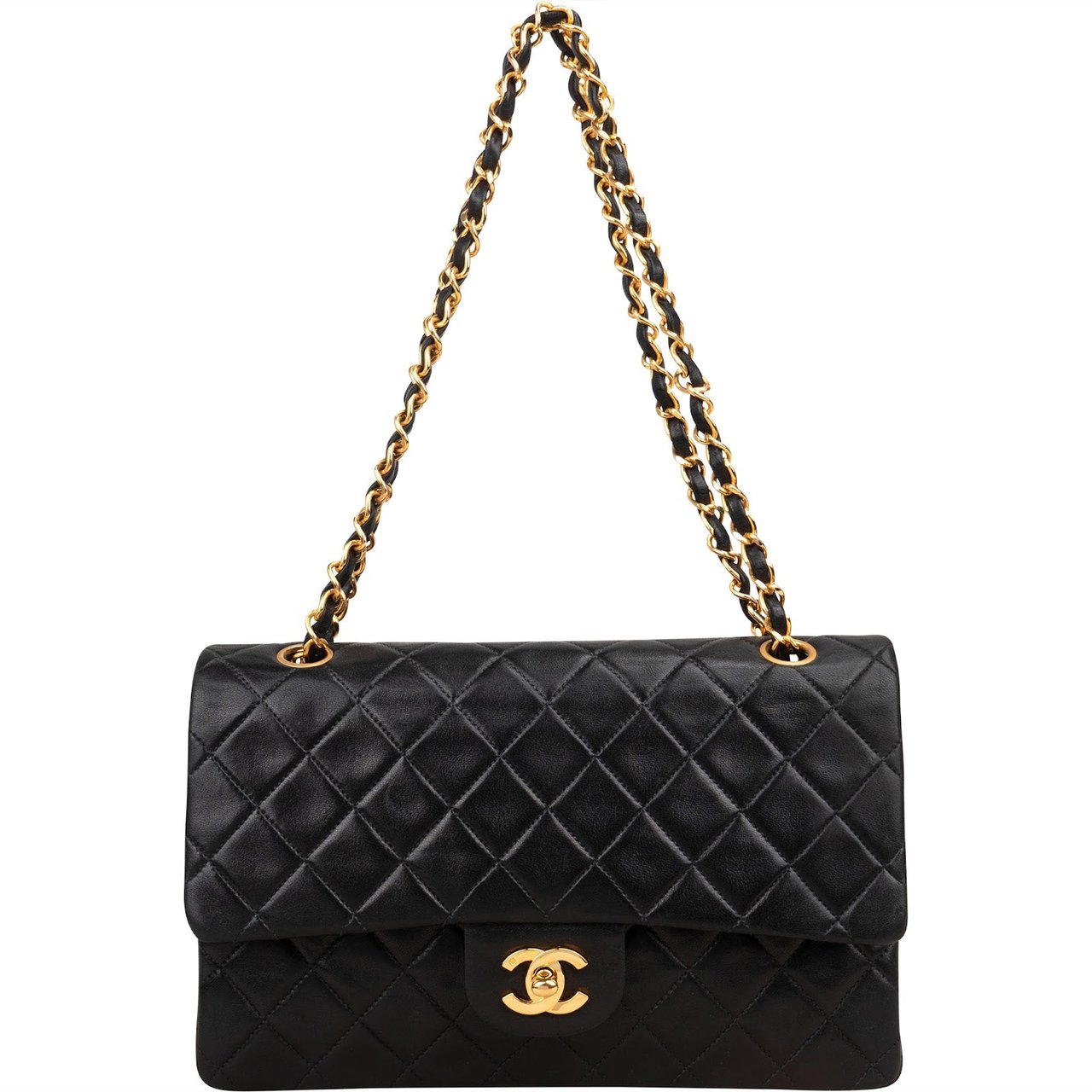 Chanel Quilted Lambskin Medium 24K Gold Double Flap Shoulder Bag Zwart