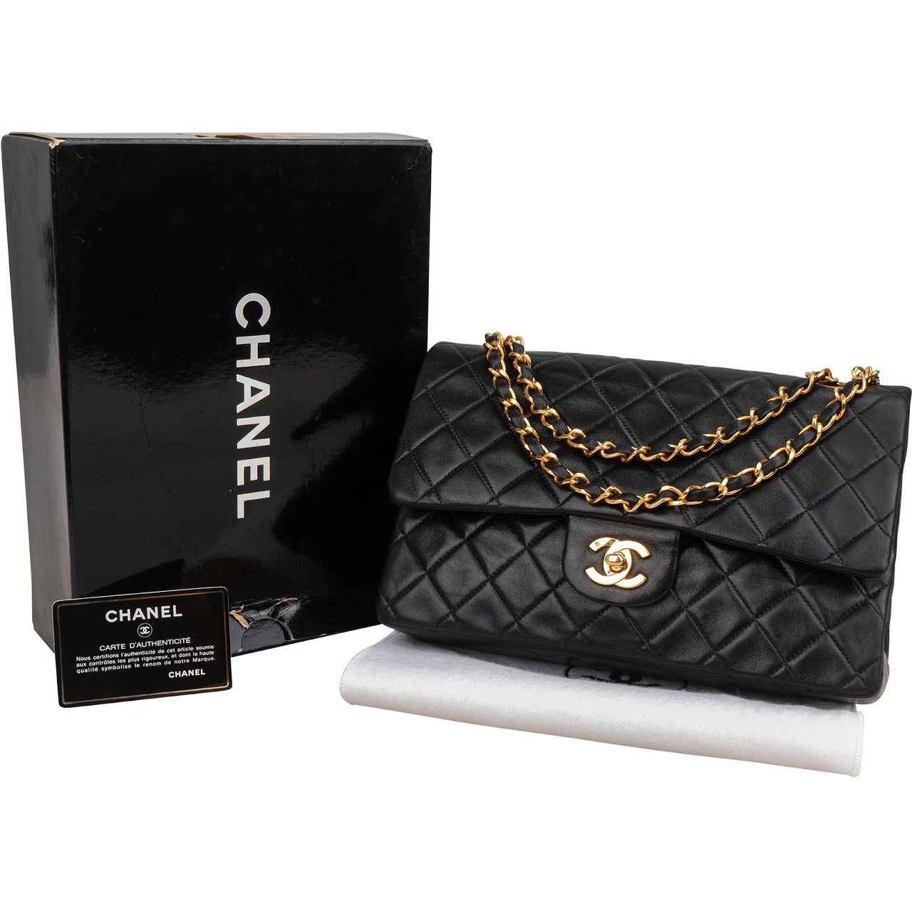 Chanel Quilted Lambskin Medium 24K Gold Double Flap Shoulder Bag Zwart