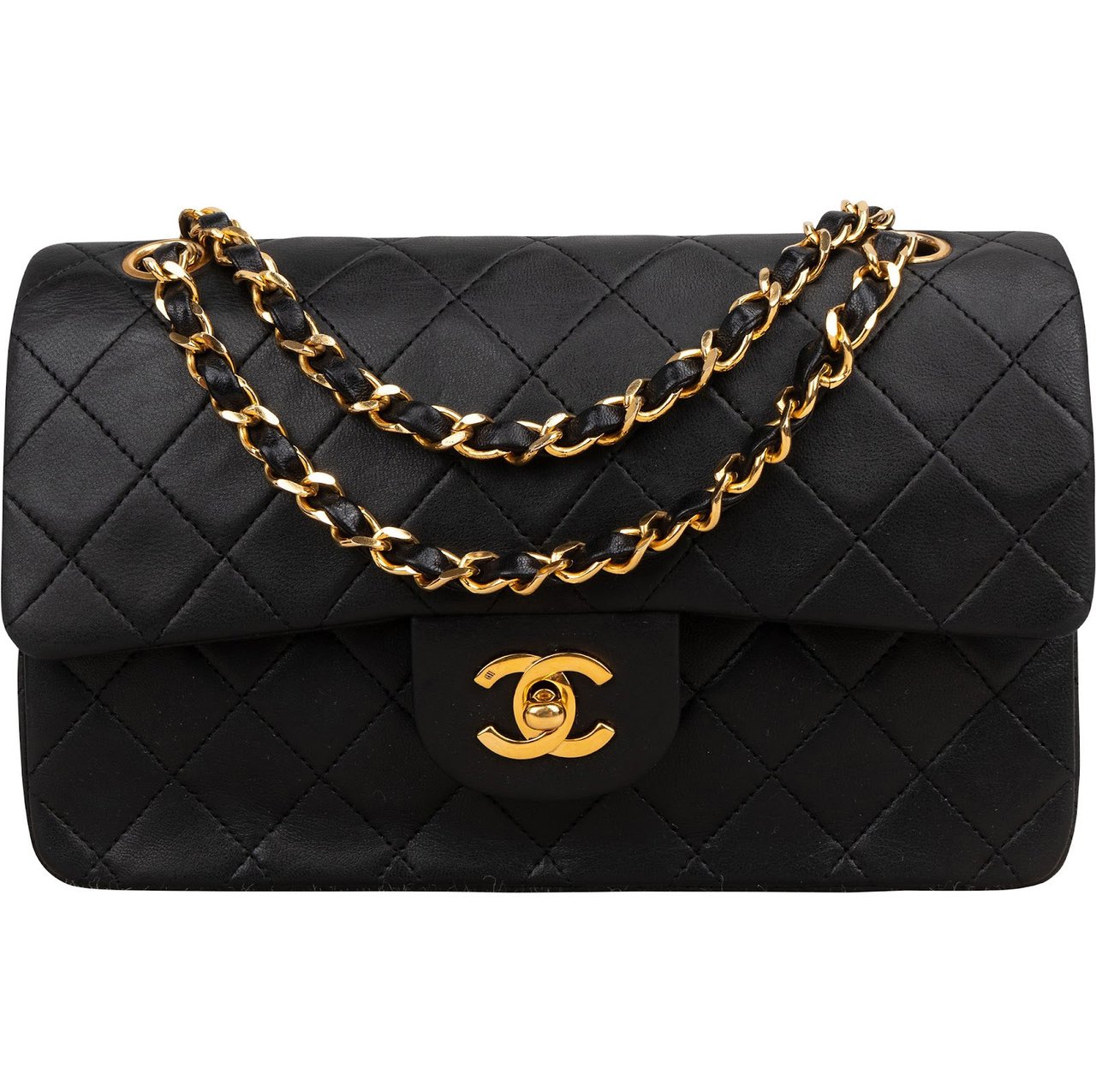 Chanel Quilted Lambskin Small 24K Gold Double Flap Shoulder Bag Zwart