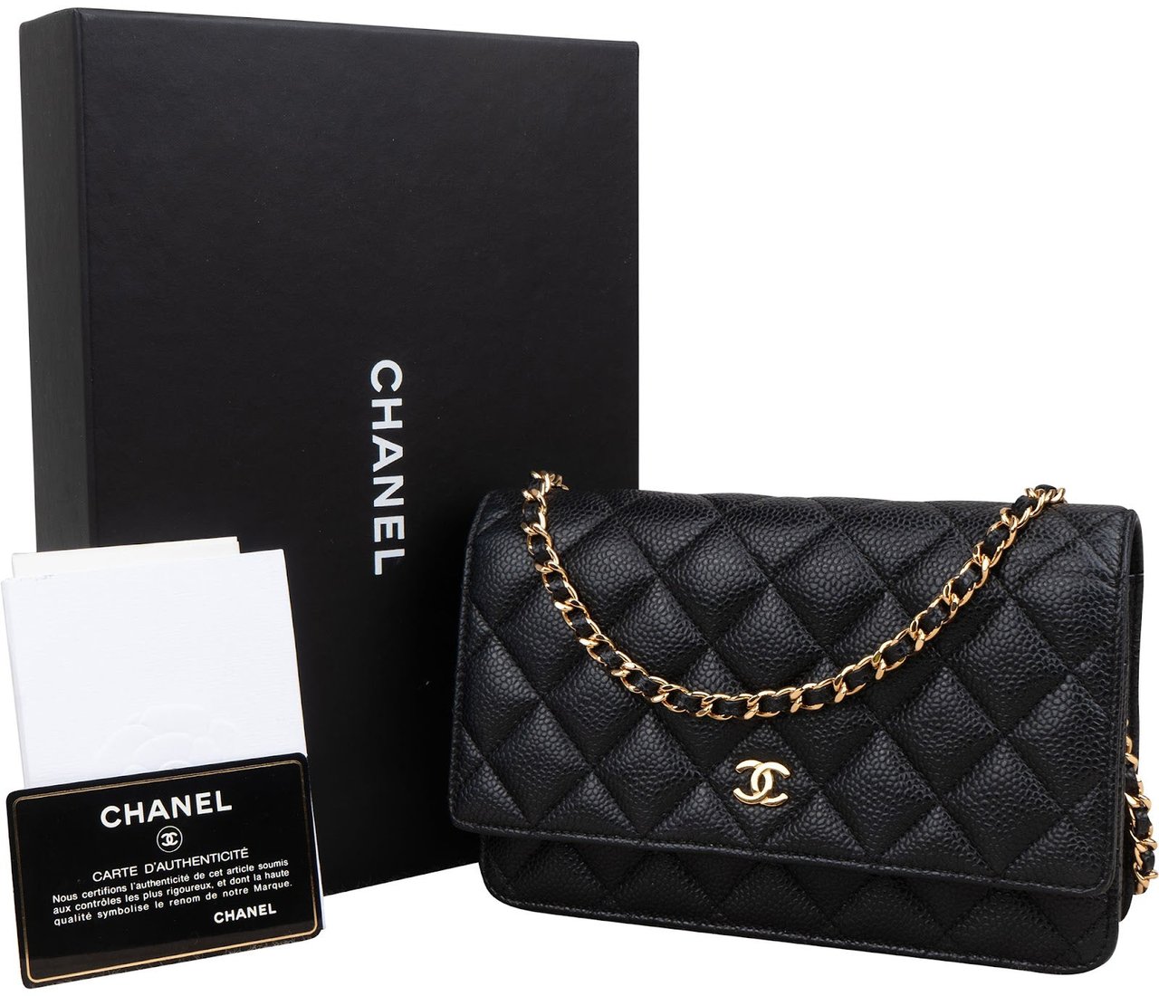 Chanel Quilted Caviar Leather Wallet on Chain Crossbody Bag Zwart