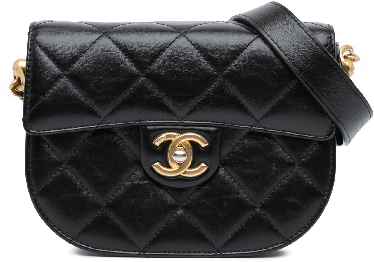 Chanel CC Quilted Calfskin Round Moon Messenger Flap Zwart