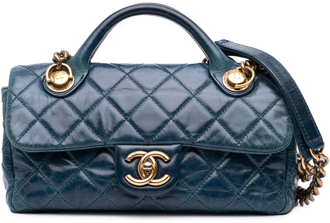 Chanel Small Glazed Calfskin Castle Rock Top Handle Flap Blauw