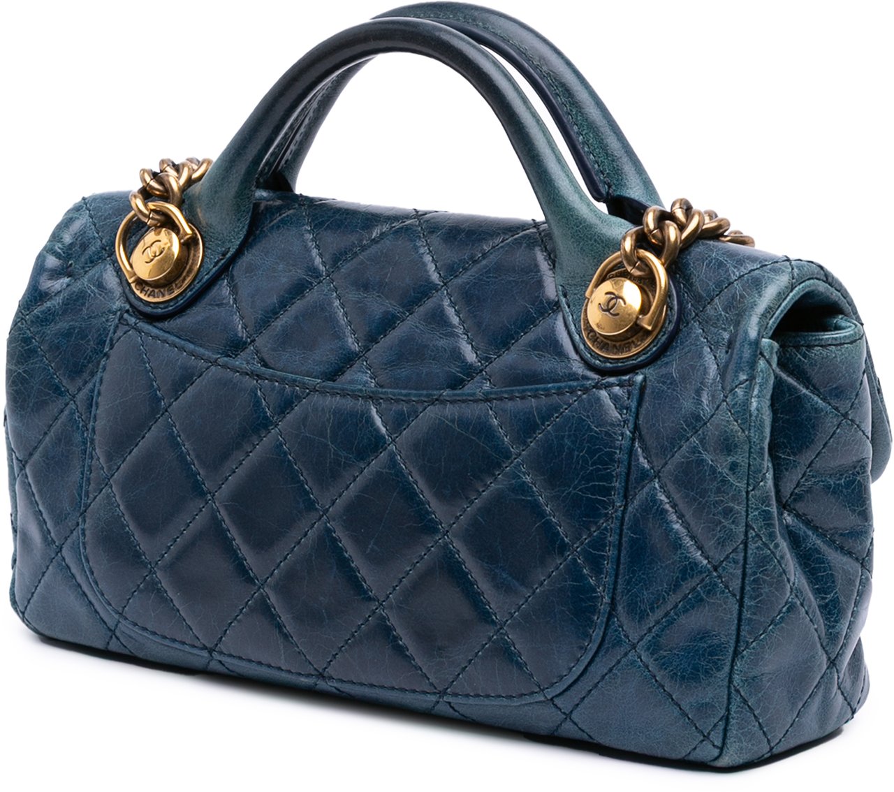 Chanel Small Glazed Calfskin Castle Rock Top Handle Flap Blauw
