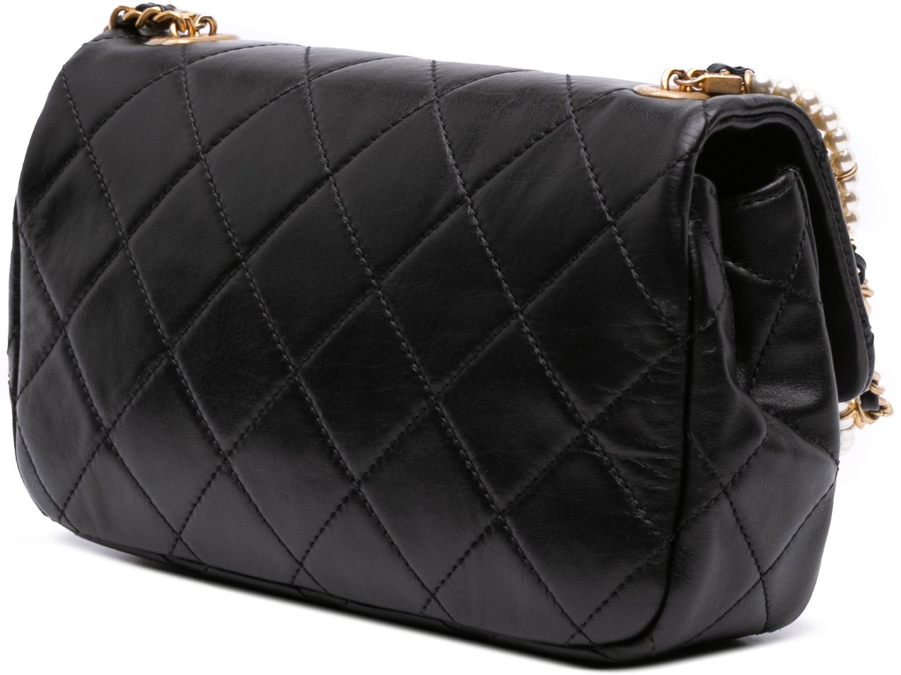 Chanel Mini Quilted Calfskin Crystal Pearls Chain Flap Zwart