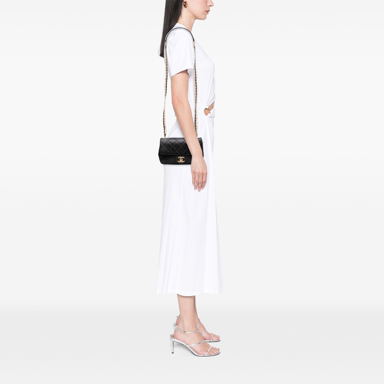 Chanel Mini Quilted Calfskin Crystal Pearls Chain Flap Zwart