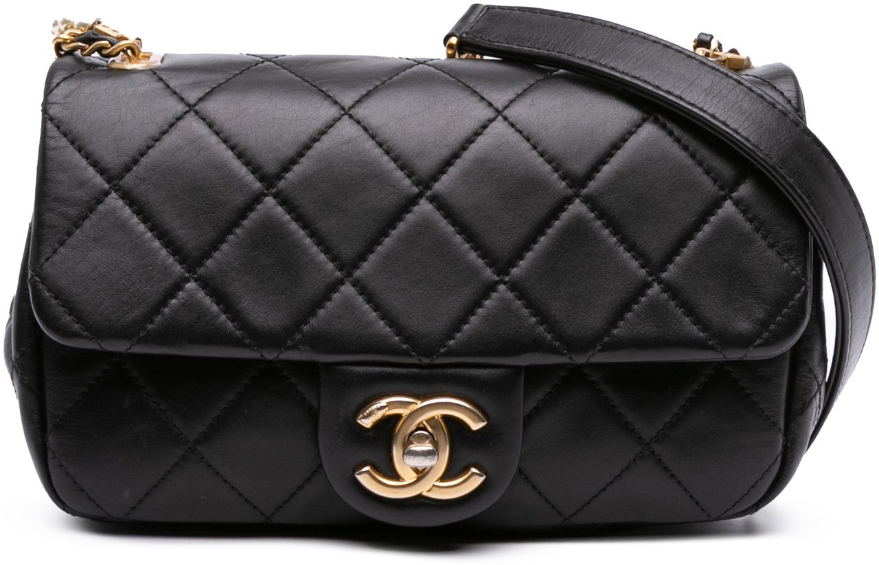 Chanel Mini Quilted Calfskin Crystal Pearls Chain Flap Zwart