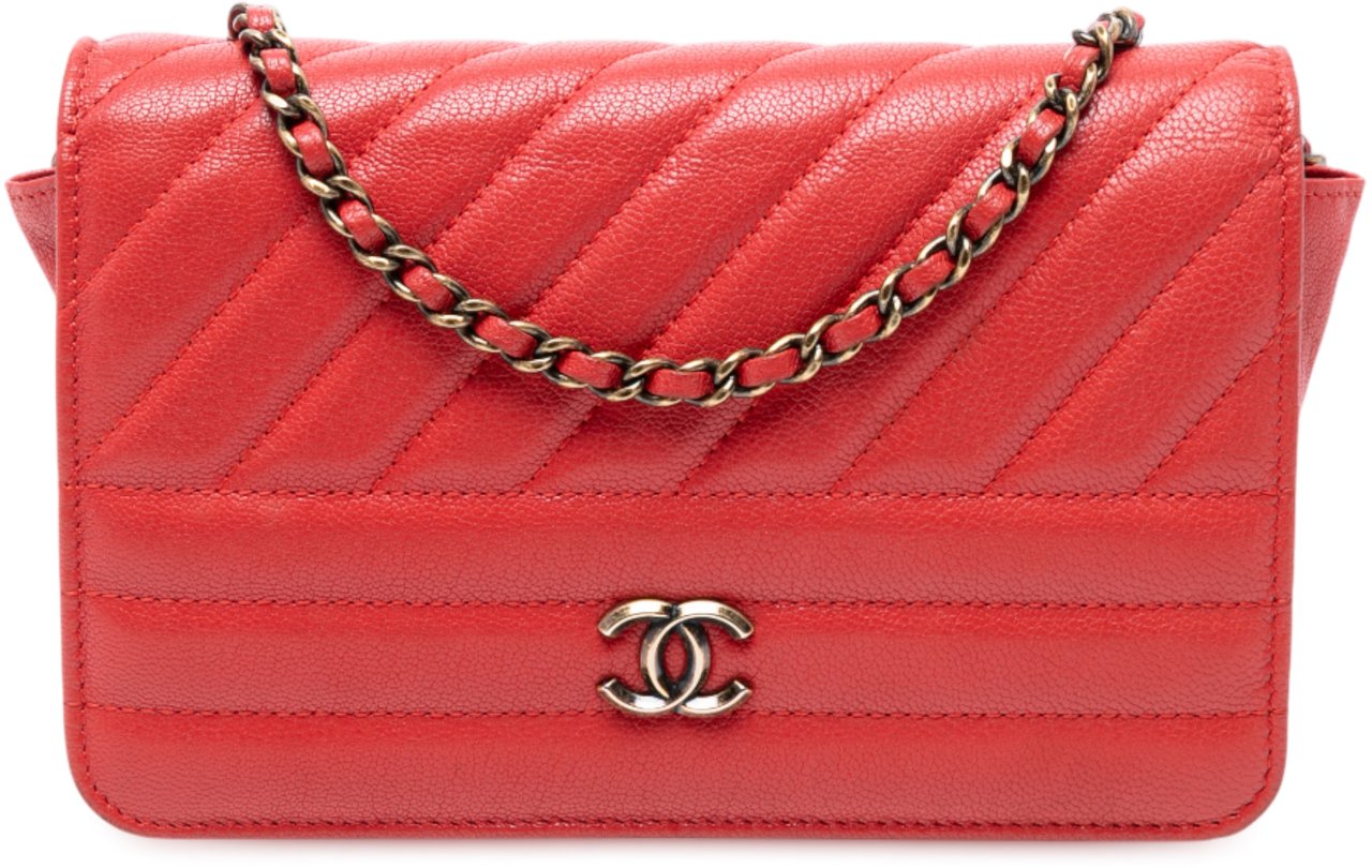 Chanel CC Diagonal Quilted Goatskin Wallet On Chain Rood