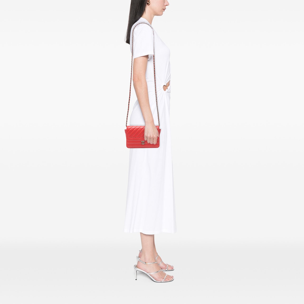 Chanel CC Diagonal Quilted Goatskin Wallet On Chain Rood