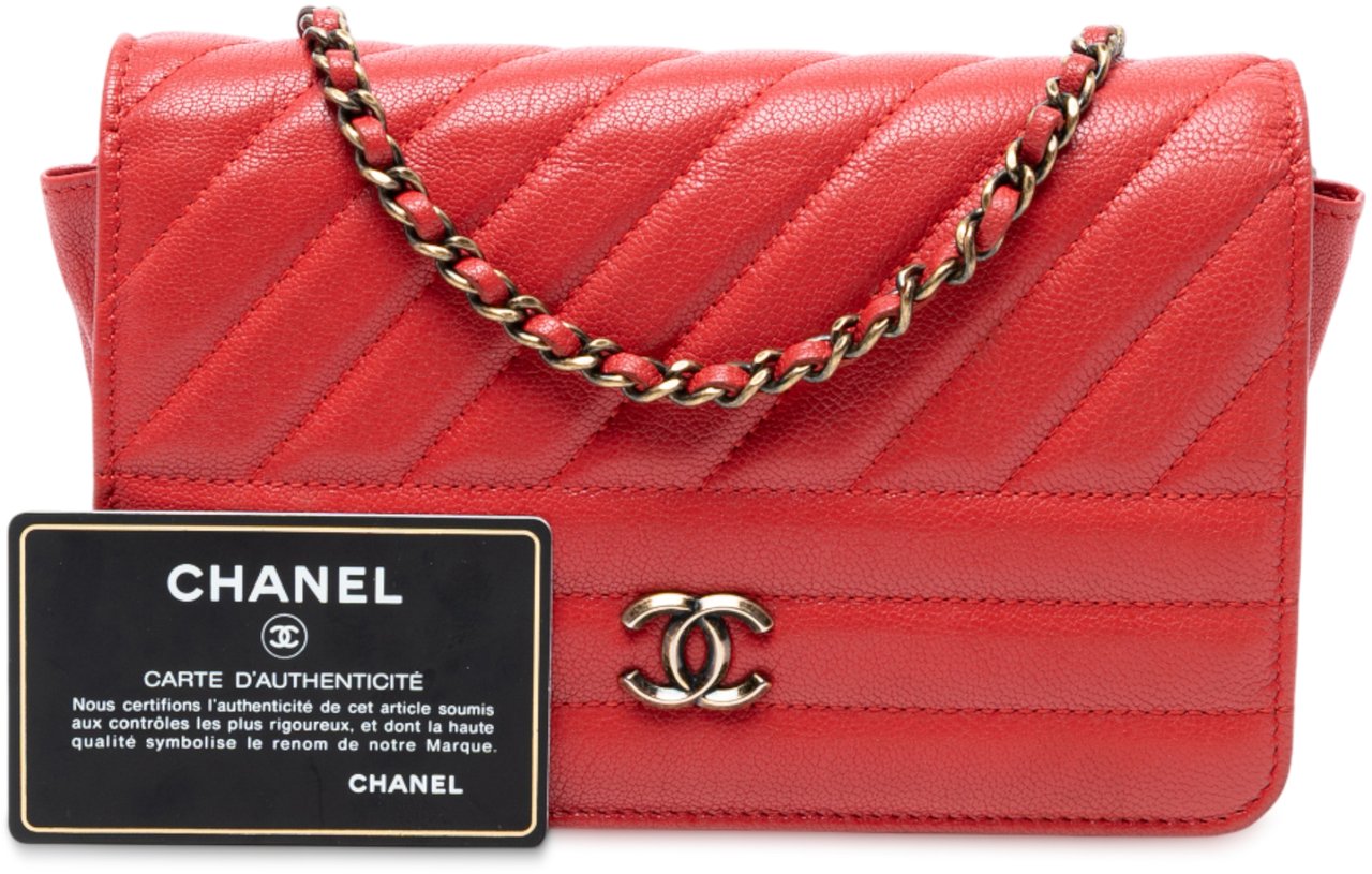 Chanel CC Diagonal Quilted Goatskin Wallet On Chain Rood
