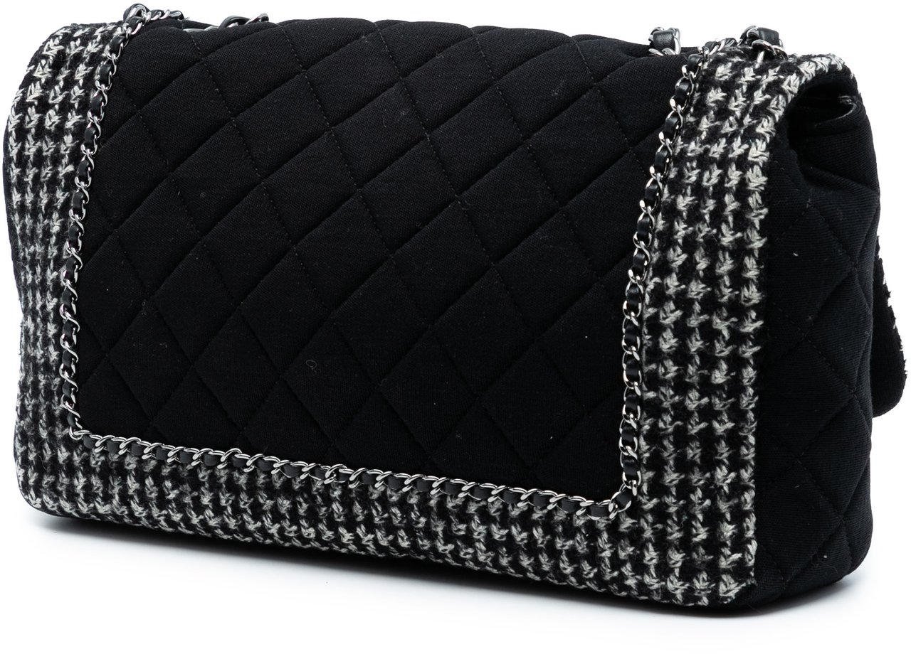 Chanel Jumbo CC Quilted Jersey and Tweed Chain Flap Zwart