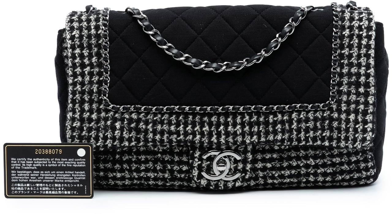 Chanel Jumbo CC Quilted Jersey and Tweed Chain Flap Zwart