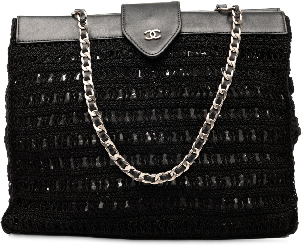Chanel CC Crochet Raffia Chain Tote Zwart