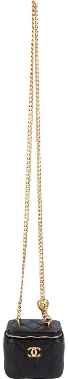 Chanel Chanel Quilted Caviar Mini Heart Chain Vanity Case Crossbody Bag Zwart
