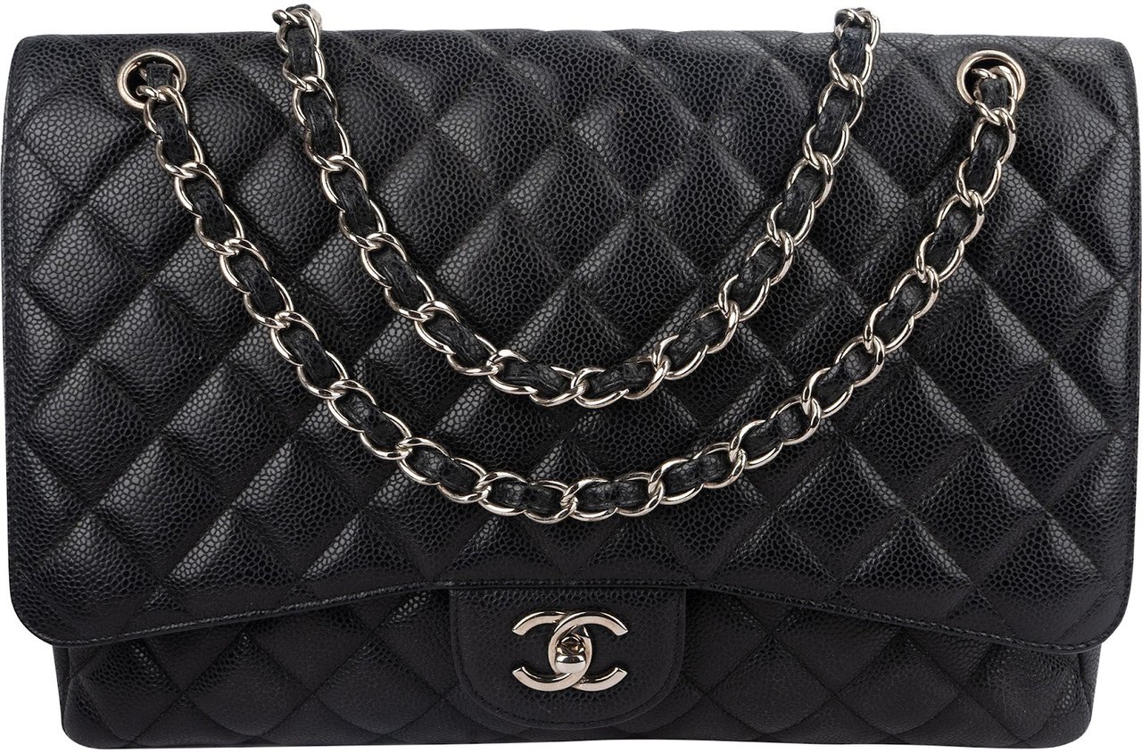 Chanel Quilted Caviar Leather Palladium Maxi Single Flap Crossbody Bag Zwart