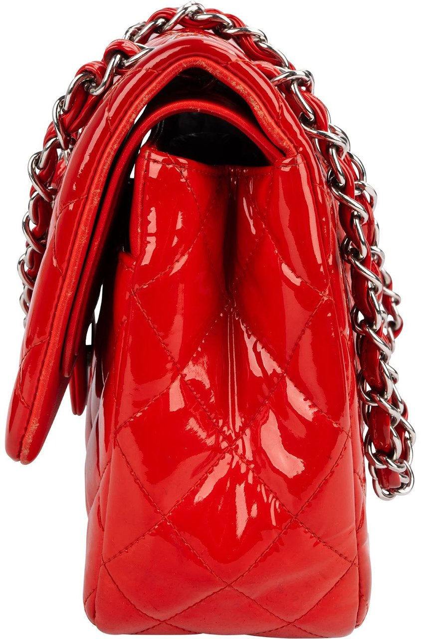 Chanel Chanel Quilted Patent Leather Jumbo Double Flap Crossbody Bag Rood