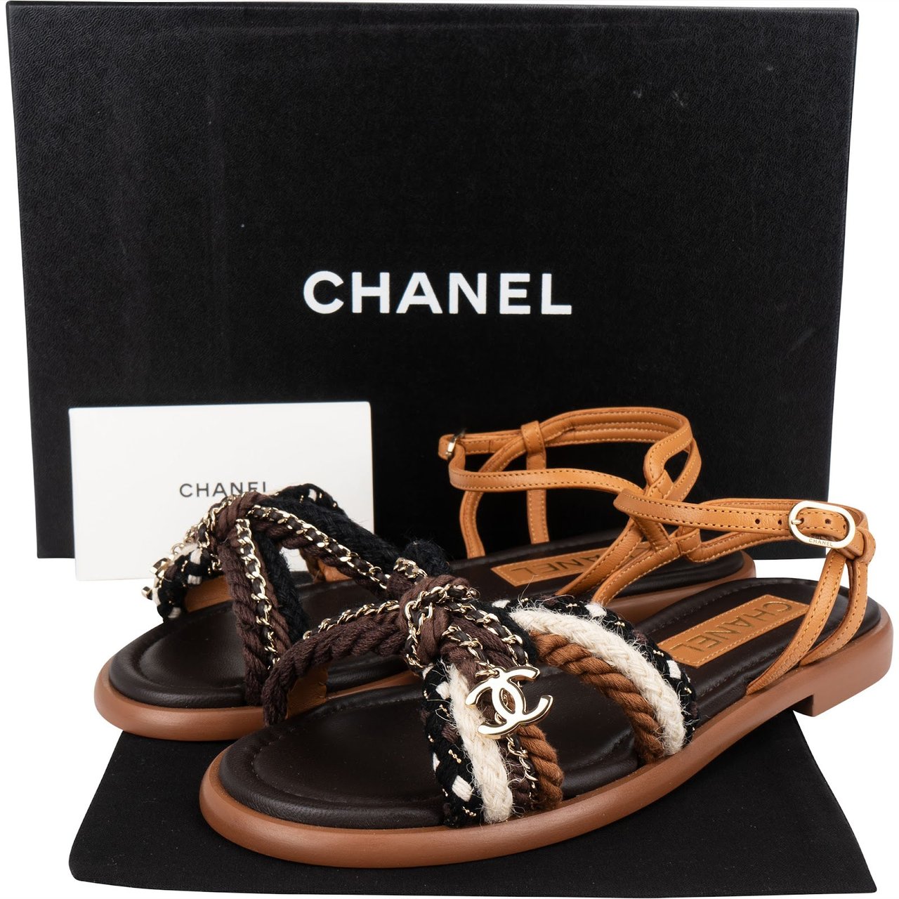 Chanel Multicolor Leather Tweed Braided Rope Chain CC Sandals (37) Bruin