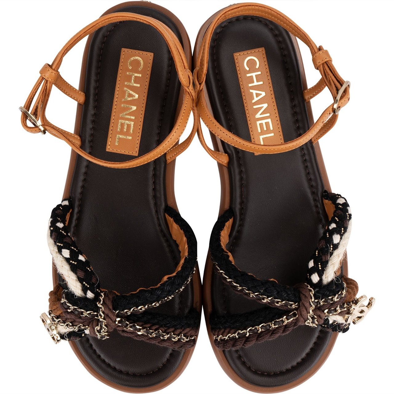 Chanel Multicolor Leather Tweed Braided Rope Chain CC Sandals (37) Bruin