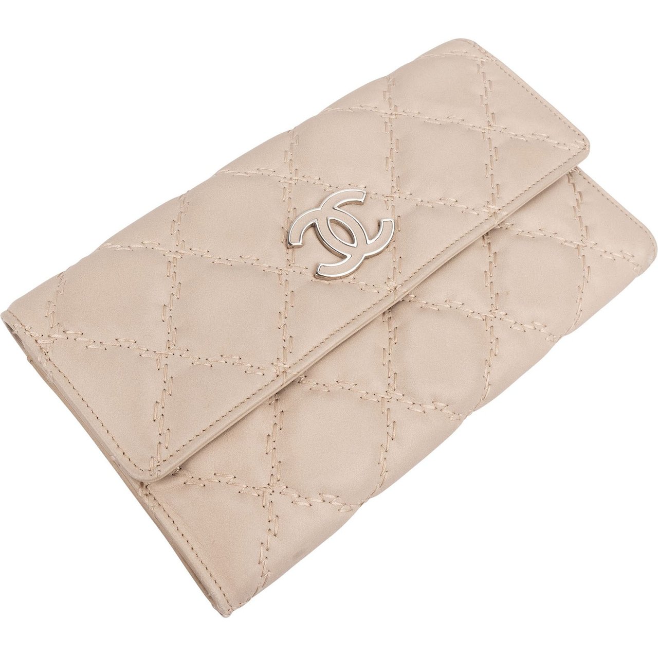 Chanel Quilted Stitched Lambskin Flap Wallet Beige