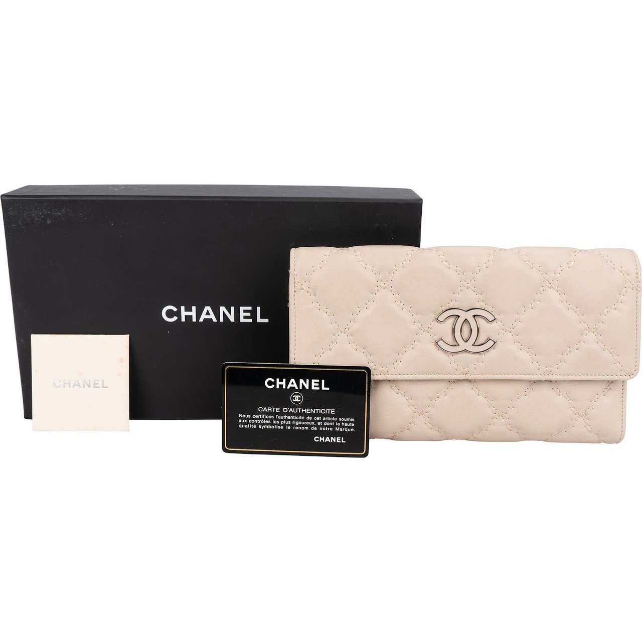 Chanel Quilted Stitched Lambskin Flap Wallet Beige