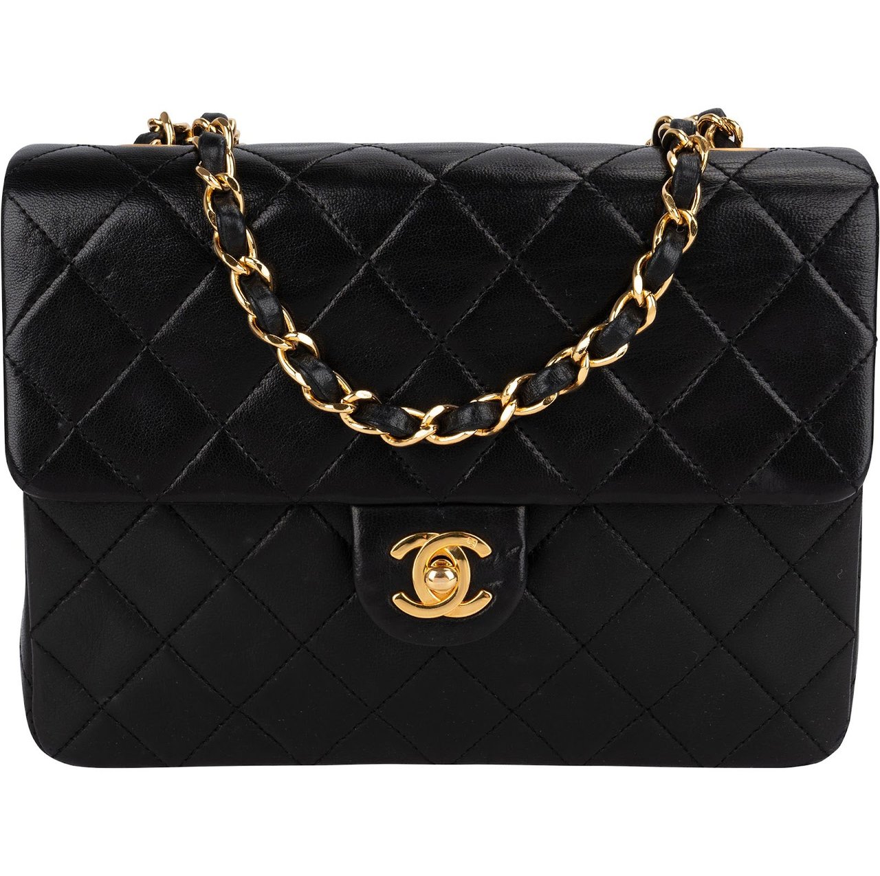 Chanel Quilted Lambskin Rectangular 24K Gold Single Flap Crossbody Bag Zwart