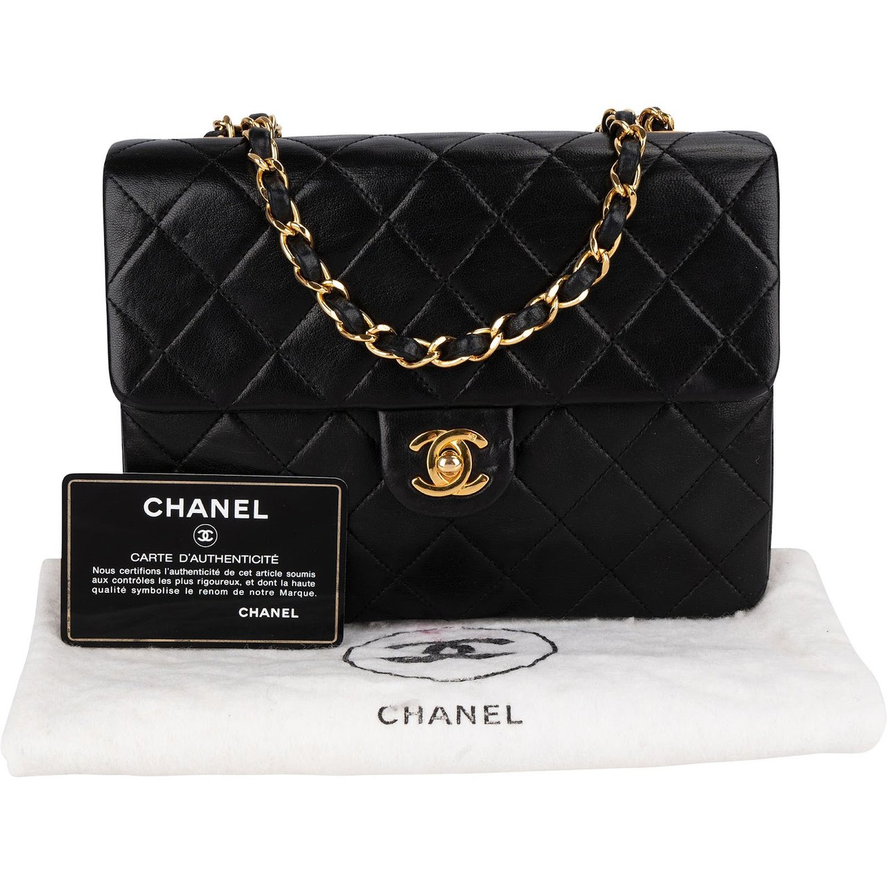 Chanel Quilted Lambskin Rectangular 24K Gold Single Flap Crossbody Bag Zwart