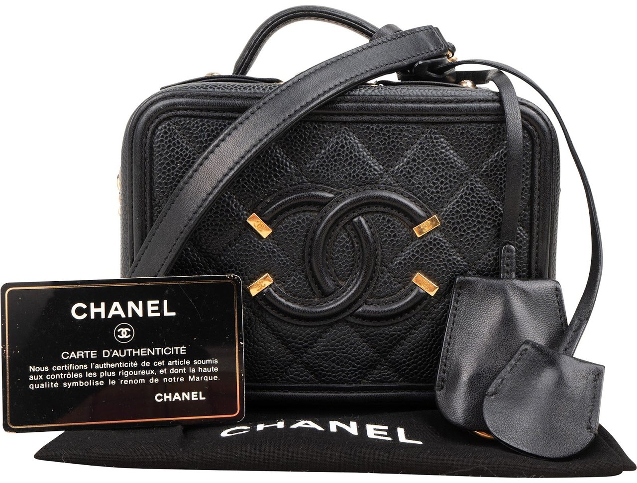 Chanel Caviar Leather Filigree Vanity Case Crossbody Bag Zwart
