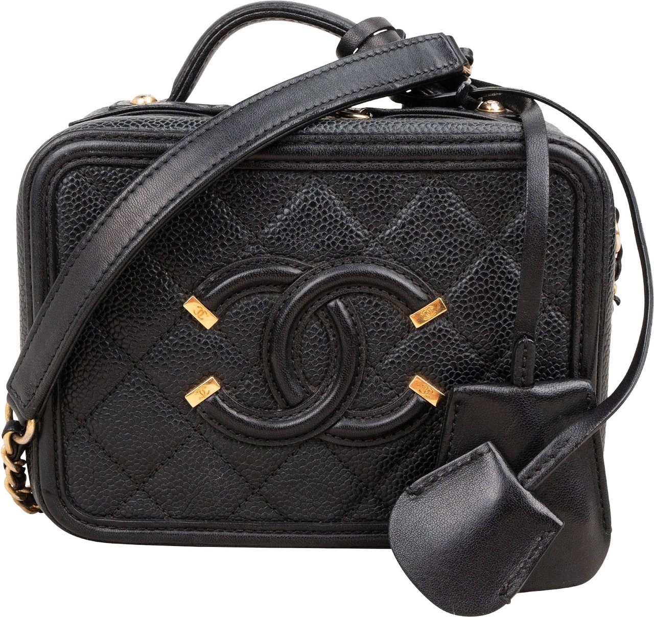 Chanel Caviar Leather Filigree Vanity Case Crossbody Bag Zwart