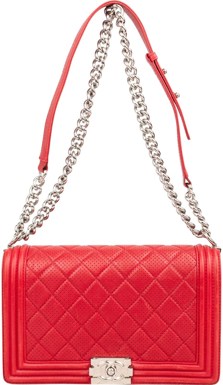 Chanel Quilted Perforated Leather Large Boy Single Flap Crossbody Bag Rood
