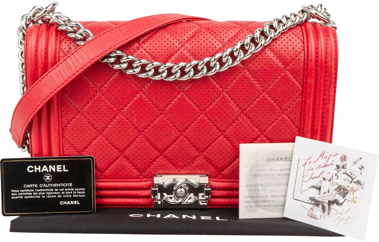 Chanel Quilted Perforated Leather Large Boy Single Flap Crossbody Bag Rood