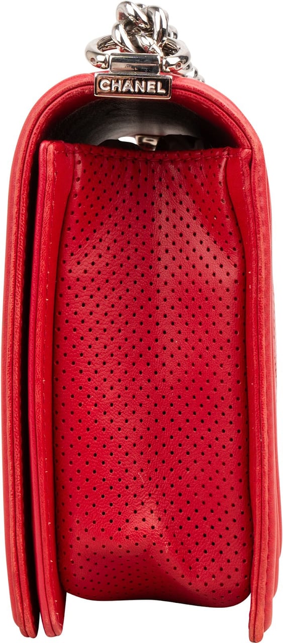 Chanel Quilted Perforated Leather Large Boy Single Flap Crossbody Bag Rood