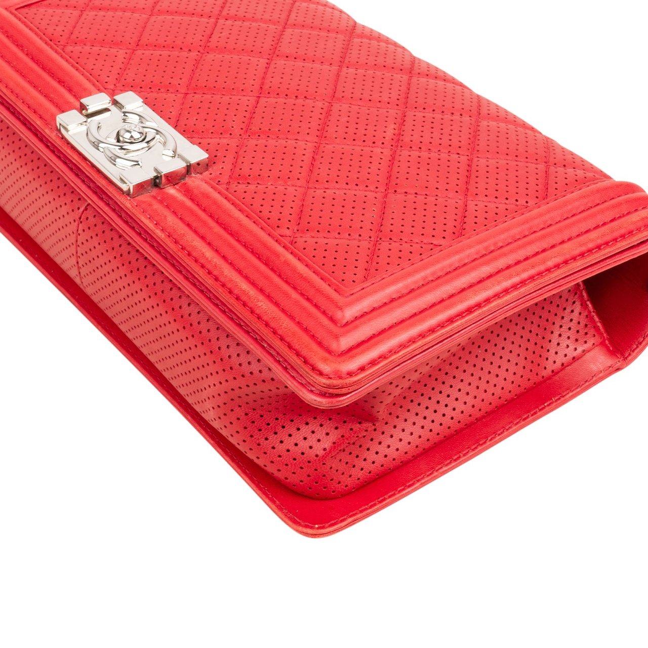 Chanel Quilted Perforated Leather Large Boy Single Flap Crossbody Bag Rood