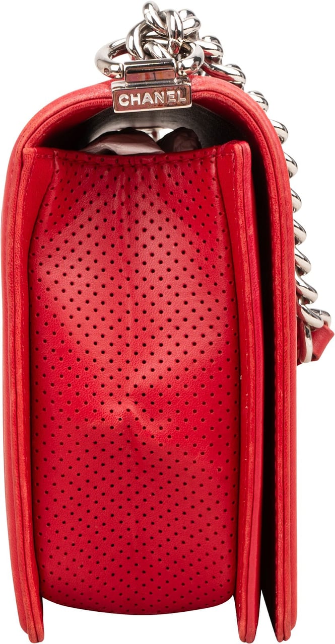 Chanel Quilted Perforated Leather Large Boy Single Flap Crossbody Bag Rood