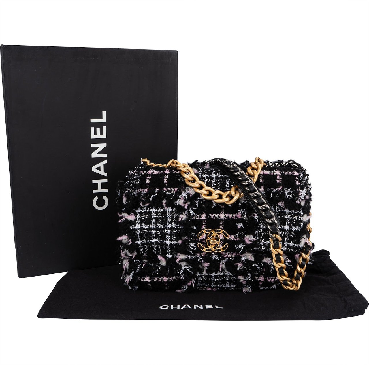 Chanel 19 Tweed Single Flap Crossbody Bag Zwart