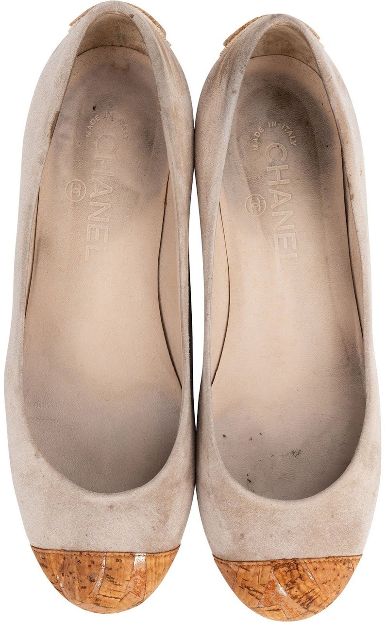 Chanel Beige Suede Cork Cap Toe Wedge Ballerina Flats (37) Beige