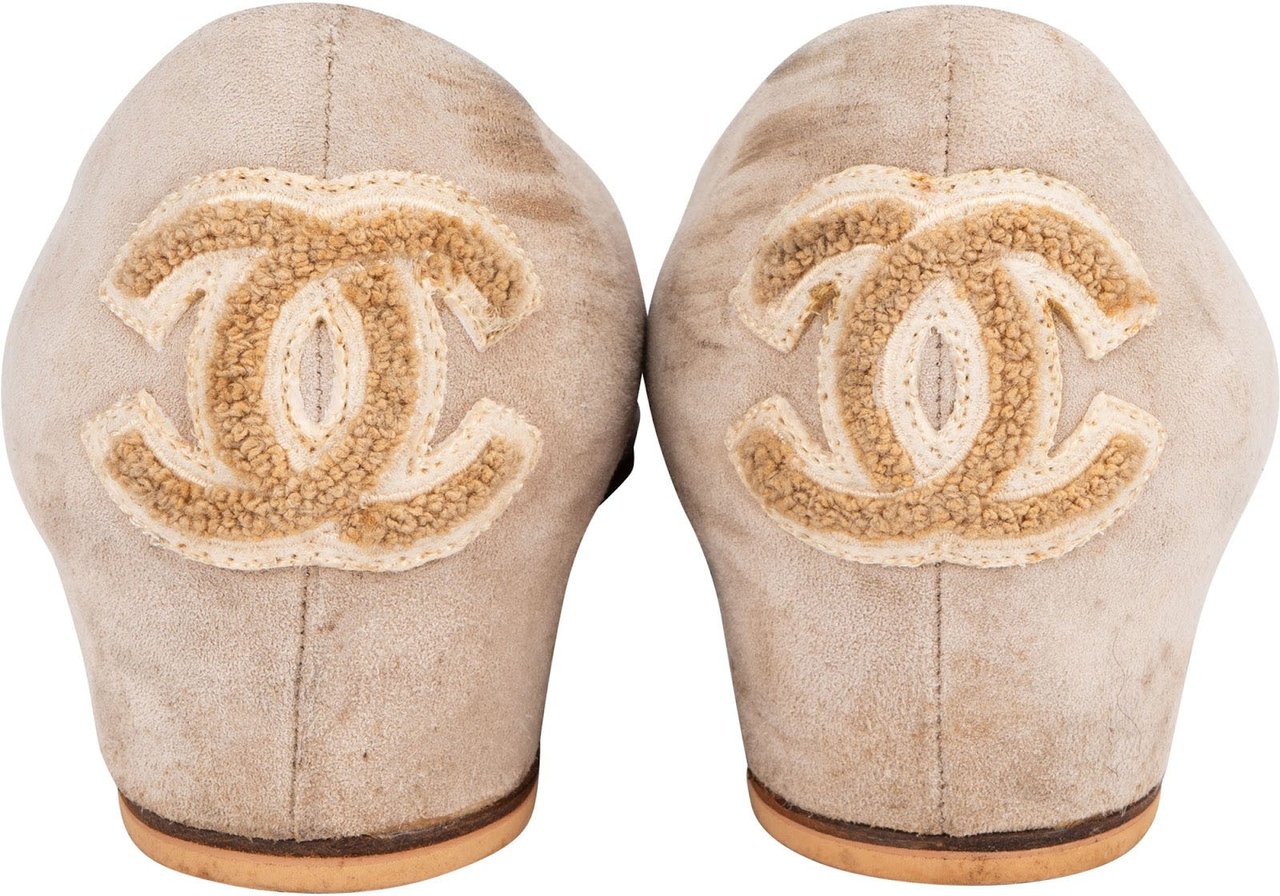 Chanel Beige Suede Cork Cap Toe Wedge Ballerina Flats (37) Beige